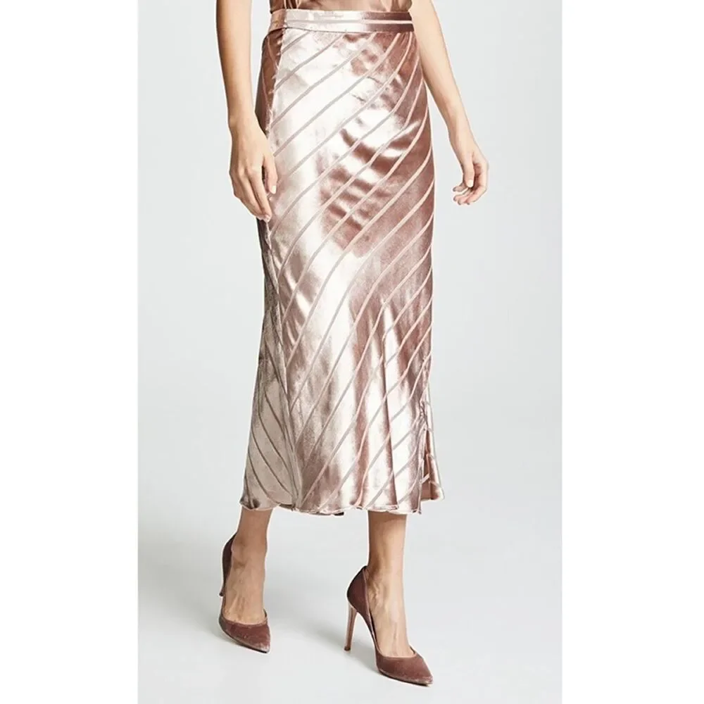 Michelle Mason Silk Midi Skirt Blush Pink Striped Velvet Diagonal Bias Cut Sz 0